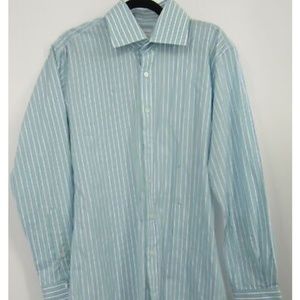 Frank Rostron blue green and white striped mens button down shirt size Large